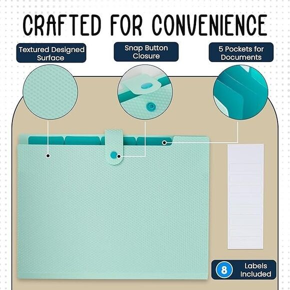 5 Pocket Snap Textured Accordion Folder Light Green New - Picture 2 of 3